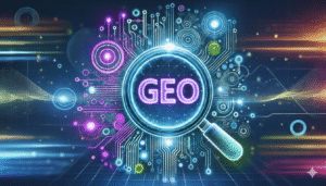 Illustration technologique du concept GEO avec une loupe sur un fond de circuits imprimés numériques et lumineux.