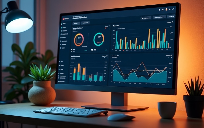 Bureau à domicile moderne et éclairé à la tombée de la nuit, avec un écran d'ordinateur affichant un tableau de bord analytique d'entreprise (analytics dashboard), un clavier, une souris, une tasse "Code & Coffee", des plantes en pot et une lampe de bureau.