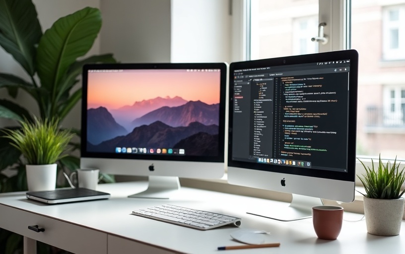 Un espace de travail moderne avec deux écrans d'ordinateur iMac sur un bureau blanc, affichant du code informatique et un design d'interface, entouré de plantes vertes de bureau.